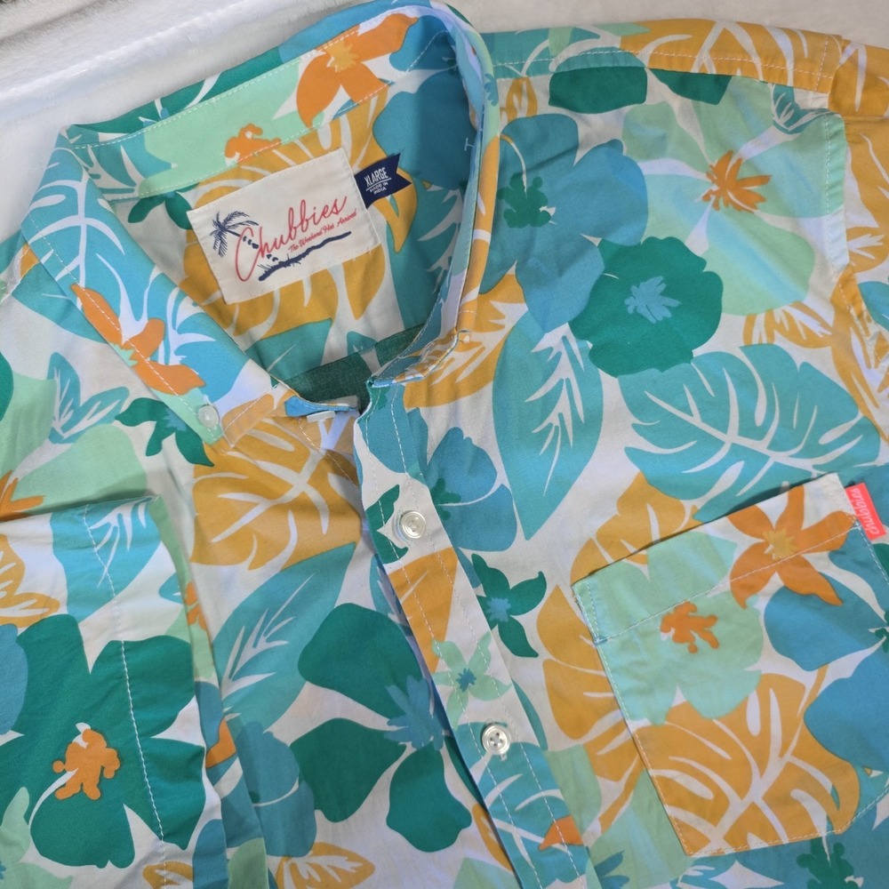 Chubbies Tropical Floral Button-Down in Teal, Green, Yellow
